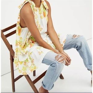 Free People retro flower tunic/short dress with adjustable tie‎ straps & ruffles